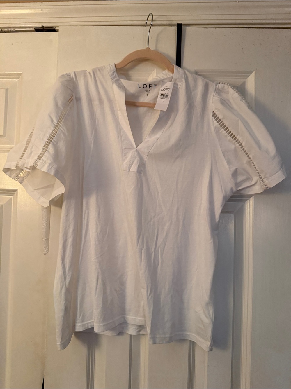 LOFT White V-Slit Short Sleeve Blouse with Ladder Trim